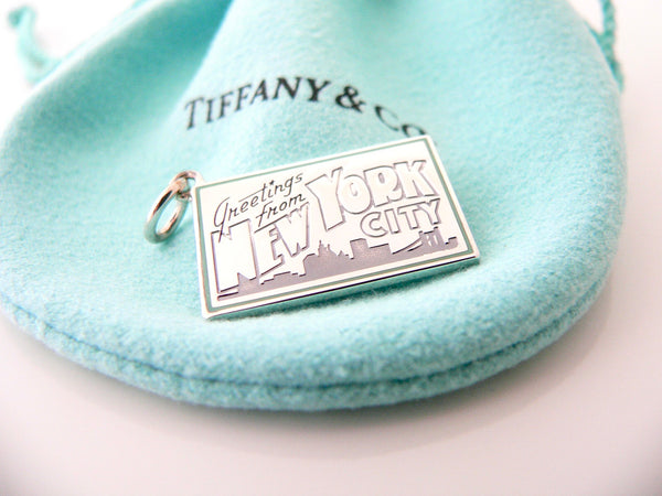 Tiffany & Co New York Postcard Blue Enamel Travel Charm Pendant 4 Necklace Bracelet MINT USA