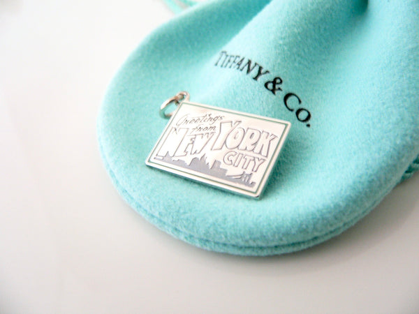 Tiffany & Co New York Postcard Blue Enamel Travel Charm Pendant 4 Necklace Bracelet MINT USA