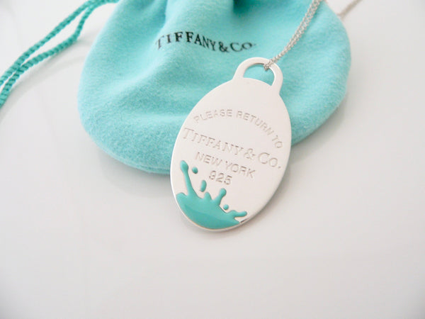 Tiffany & Co Blue Enamel Splash Oval Dog Tag Charm Necklace Pendant 20 Inch Long Chain