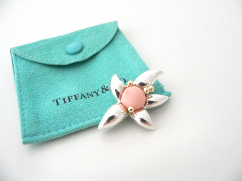 Tiffany & Co Flower Brooch Pin Silver 18K Gold Peach Coral Love Gift Pouch Art