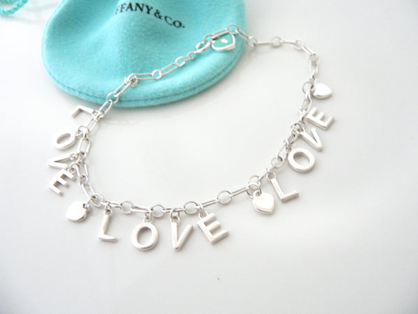 Tiffany & Co LOVE Charm Bracelet Dangling Pendant Link Chain Bangle Blue Enamel Hearts 7.5 Inches