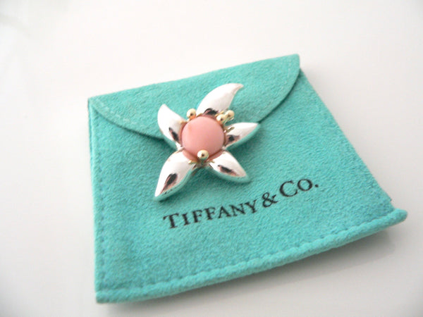 Tiffany & Co Flower Brooch Pin Silver 18K Gold Peach Coral Love Gift Pouch Art