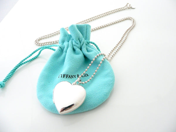 Tiffany & Co Large Heart Locket Necklace Pendant Charm 34 Bead Inch Chain Silver Gift Pouch