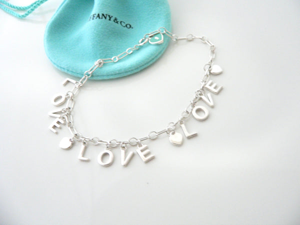 Tiffany & Co LOVE Charm Bracelet Dangling Pendant Link Chain Bangle Blue Enamel Hearts 7.5 Inches