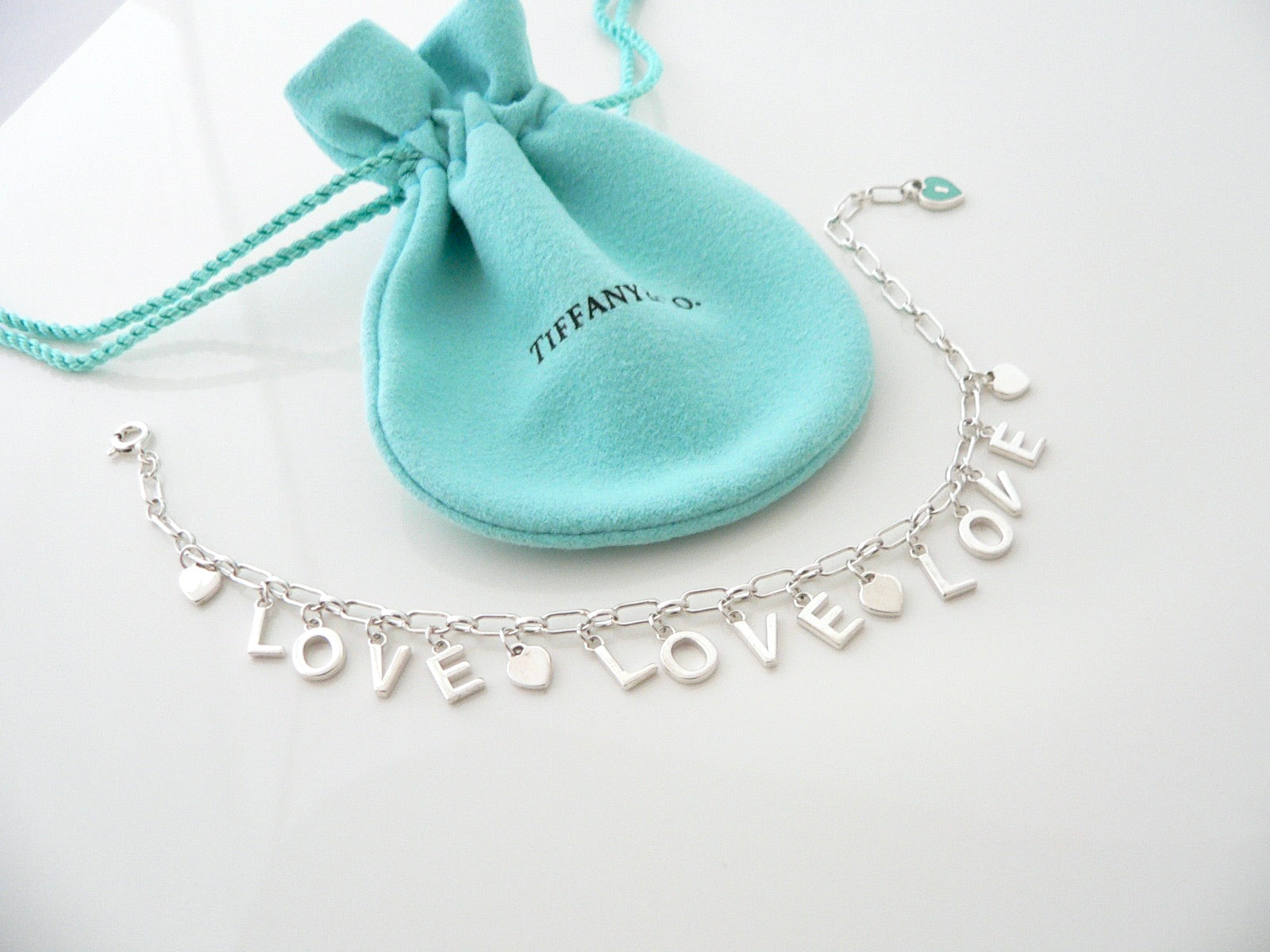 Tiffany & Co LOVE Charm Bracelet Dangling Pendant Link Chain Bangle Blue Enamel Hearts 7.5 Inches