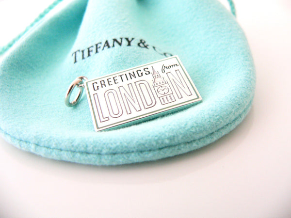 Tiffany & Co LONDON Postcard Blue Enamel Travel Charm Pendant 4 Necklace Bracelet MINT England UK