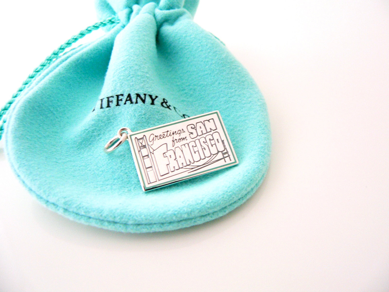 Tiffany & Co San Francisco Postcard Blue Enamel Travel Charm 4 Necklace Bracelet MINT Souvenir