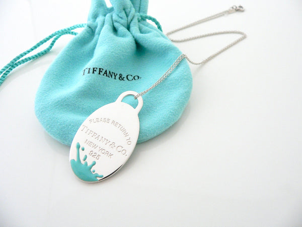 Tiffany & Co Blue Enamel Splash Oval Dog Tag Charm Necklace Pendant 20 Inch Long Chain