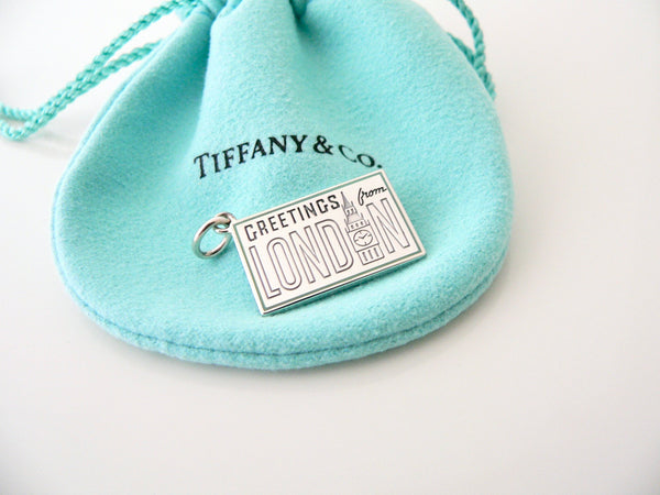 Tiffany & Co LONDON Postcard Blue Enamel Travel Charm Pendant 4 Necklace Bracelet MINT England UK