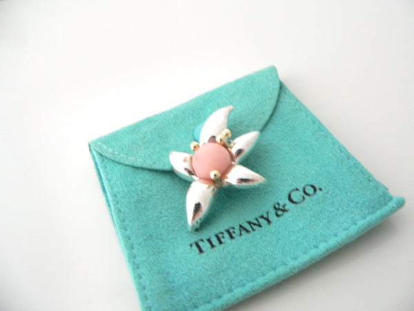 Tiffany & Co Flower Brooch Pin Silver 18K Gold Peach Coral Love Gift Pouch Art