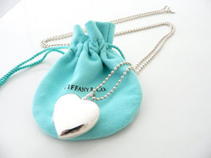 Tiffany & Co Large Heart Locket Necklace Pendant Charm 34 Bead Inch Chain Silver Gift Pouch