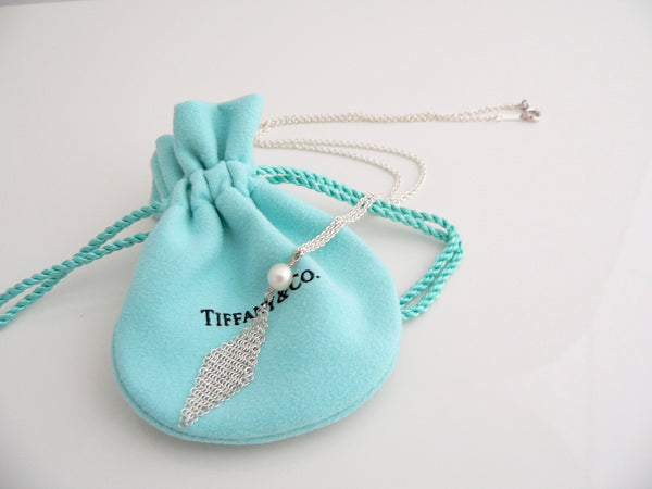 Silver necklace with a pendant on a Tiffany & Co. jewelry pouch.