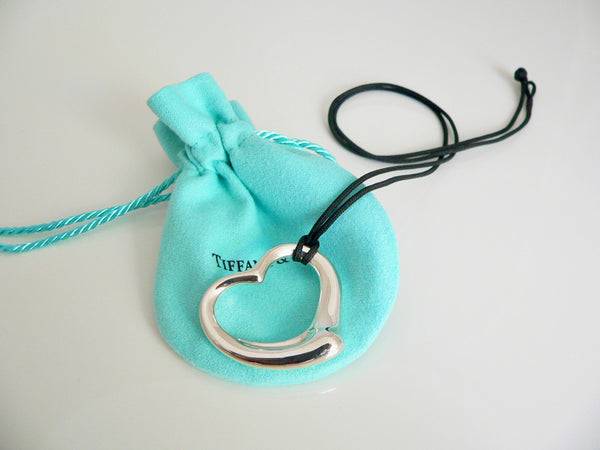 Tiffany & Co Peretti Large  Open Heart Necklace Pendant Silk Cord Large Silver Gift
