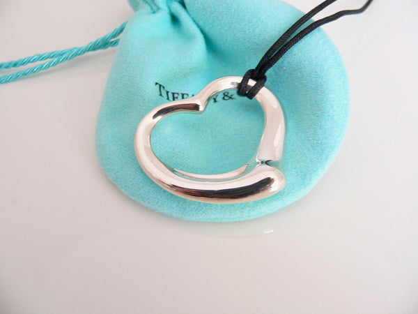 Tiffany & Co Peretti Large  Open Heart Necklace Pendant Silk Cord Large Silver Gift