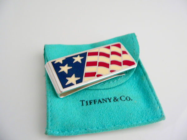 Tiffany & Co Silver USA Flag Silver Money Clip Red White Blue Enamel Holder