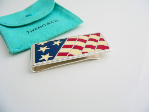 Tiffany & Co Silver USA Flag Silver Money Clip Red White Blue Enamel Holder