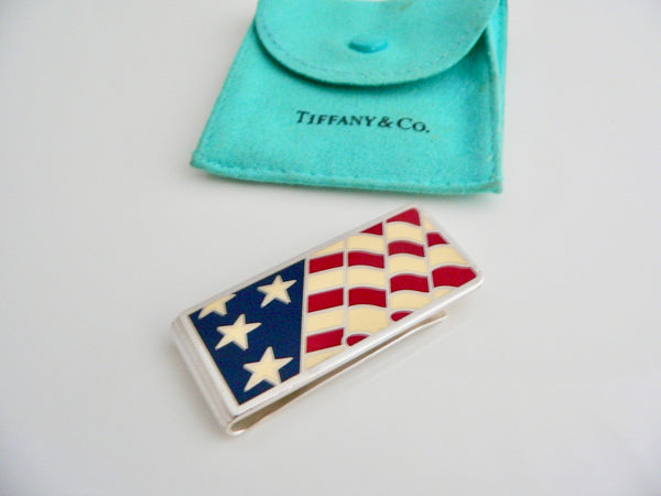 Tiffany & Co Silver USA Flag Silver Money Clip Red White Blue Enamel Holder