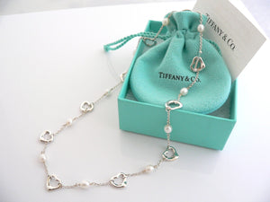 Tiffany & Co Silver Peretti Open Heart Pearl Necklace Pendant Chain Gift Pouch