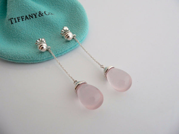 Tiffany & Co Silver 20 Carat Pink Rose Quartz Dangle Dangling Earrings Gift Rare