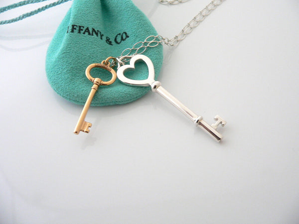 Tiffany Co Silver 18K Rose Gold Oval Heart Key Necklace Pendant Charm 18 Inches