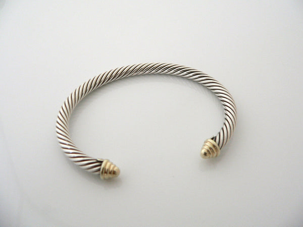 David Yurman 5MM Silver 14K Gold Cable Bangle Bracelet Textured Cuff Gift Love