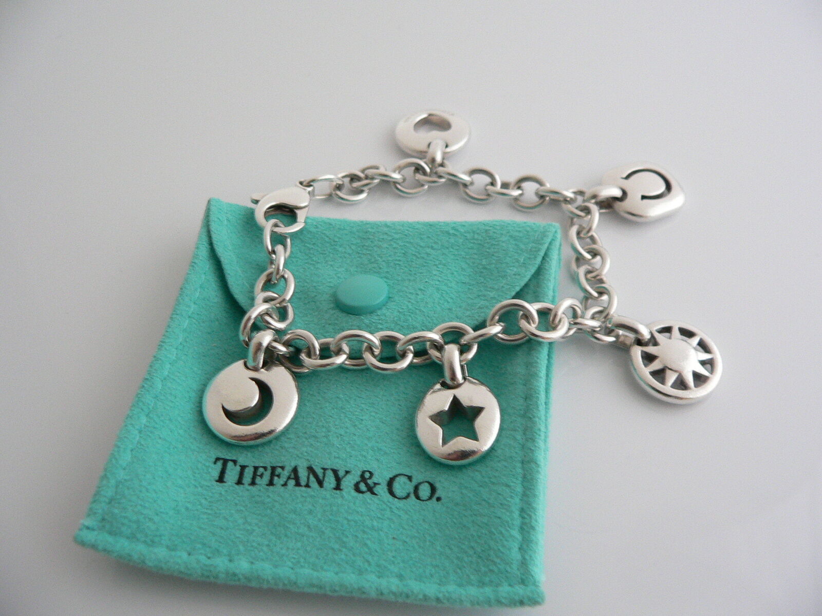 Tiffany & Co Silver Heart Sun Star Moon Horseshoe Bracelet Stencil