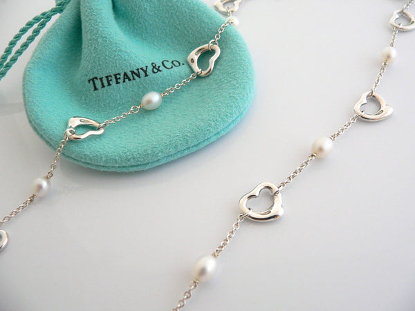 Tiffany & Co Silver Peretti Open Heart Pearl Necklace Pendant Chain Gift Pouch