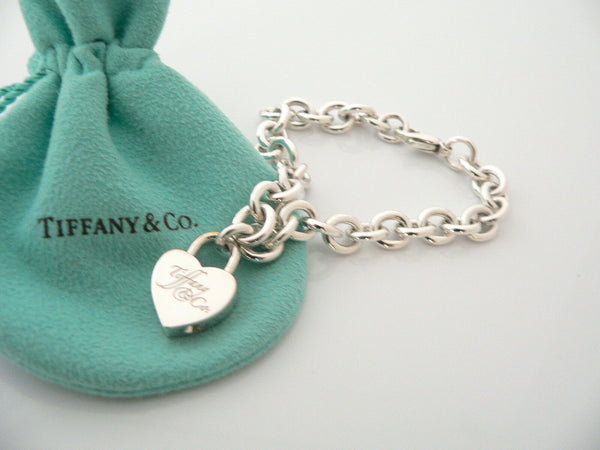 Tiffany & Co Notes Heart Padlock Bracelet Bangle Charm 7.75 In Silver Gift Love