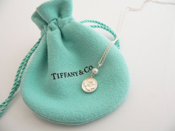 Tiffany & Co. Silver Nature Rose Pearl Necklace Pendant Charm Chain Gift Pouch
