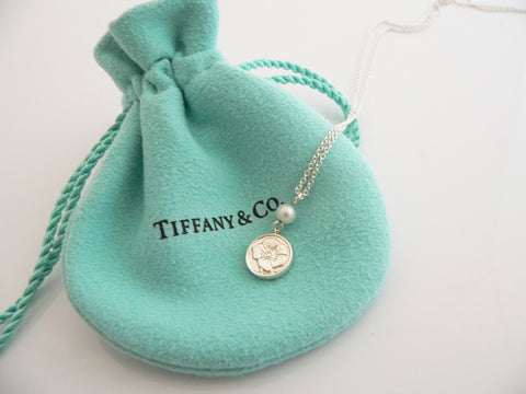 Tiffany & Co. Silver Nature Rose Pearl Necklace Pendant Charm Chain Gift Pouch