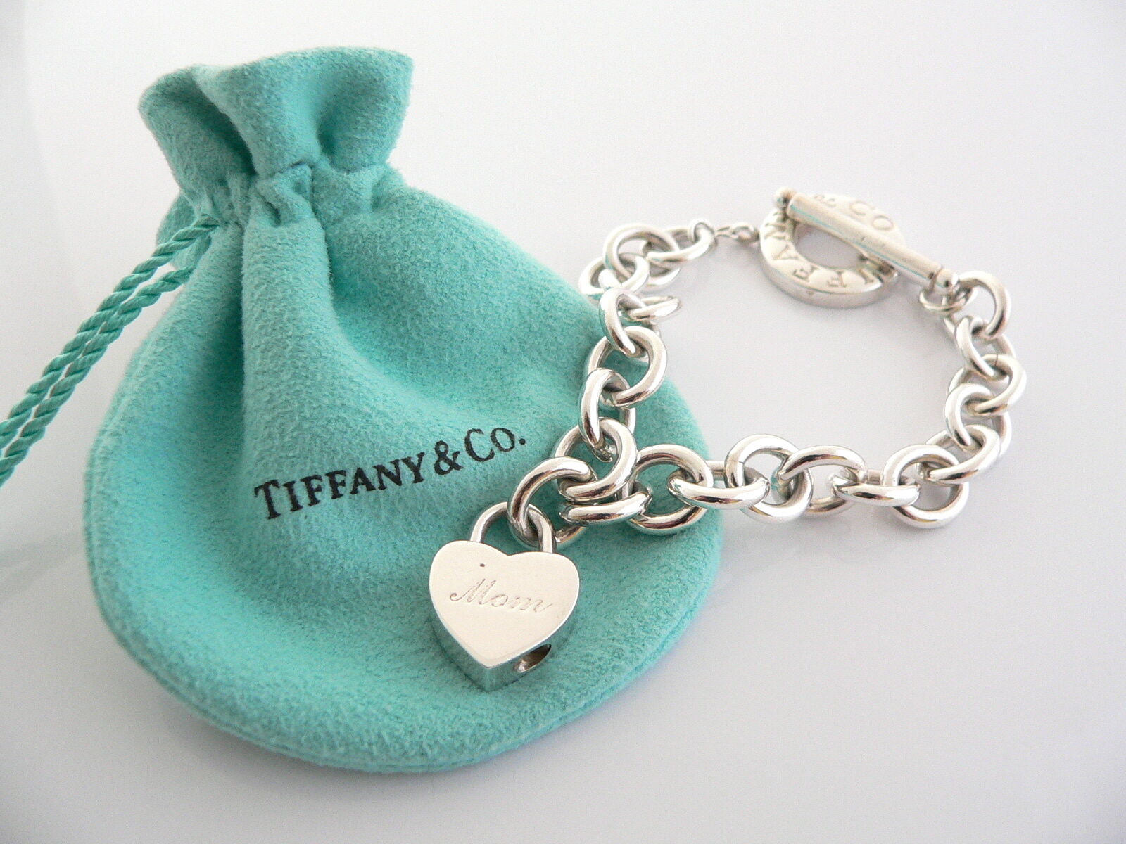 Tiffany & Co Silver Mom Heart Padlock Charm Pendant Toggle Bracelet Gift Pouch