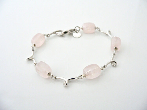 Tiffany & Co Pink Rose Quartz Gemstone Bracelet Bangle Chain Silver Love Gift