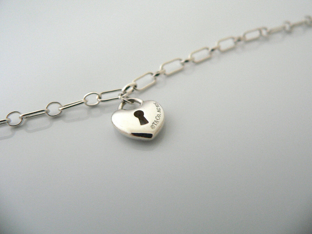 Tiffany & Co Silver Heart Key Hole Locks Bracelet Bangle Link 7.75 Inches  Gift