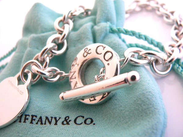Tiffany & Co Silver Heart Toggle Charm Bracelet Bangle 8 Inch Chain Gift Pouch