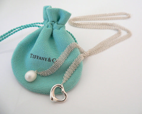 Tiffany & Co Open Heart Necklace Pearl Pendant Charm 25 Inch Mesh Gift Pouch Art