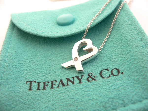 Tiffany & Co Silver Diamond Loving Heart Necklace Pendant Gift Pouch Love