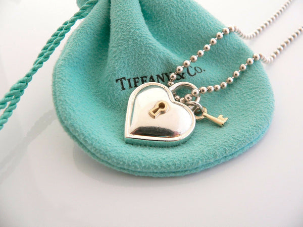 Tiffany & Co Silver 18K Gold Heart Key Necklace Pendant 20 Inch Gift Pouch Love