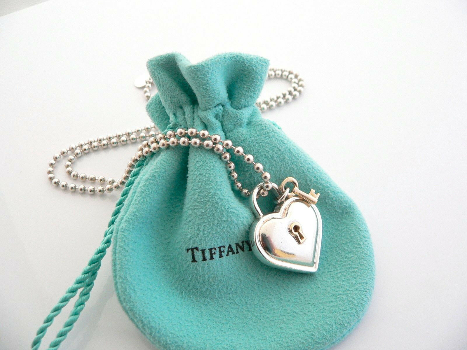 Tiffany & Co Silver 18K Gold Heart Key Necklace Pendant 20 Inch Gift Pouch Love