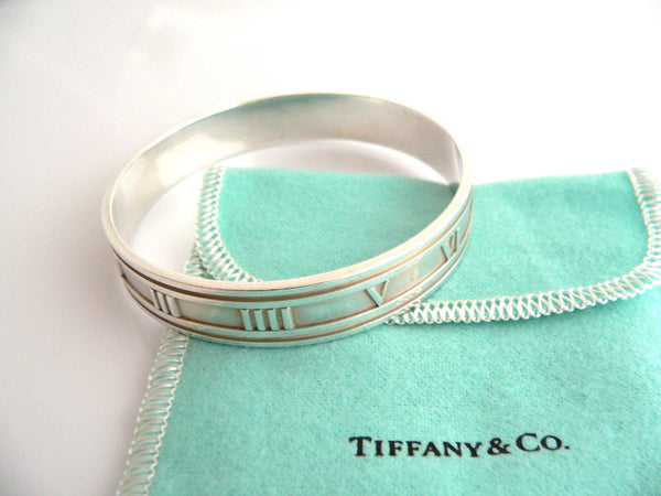 Tiffany & Co Atlas Roman Numeral Bangle Wide Silver Bracelet Love Gift Pouch Art