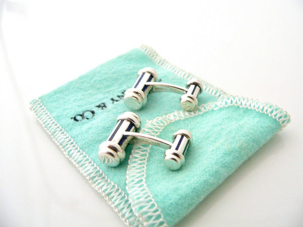 Tiffany & Co Blue Enamel Silver Atlas Cufflinks Cuff Link Pouch Man Gift Love