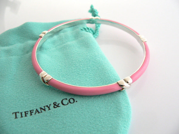 Tiffany & Co Silver Pink Enamel Signature X Bangle Bracelet Mint Gift Pouch Box