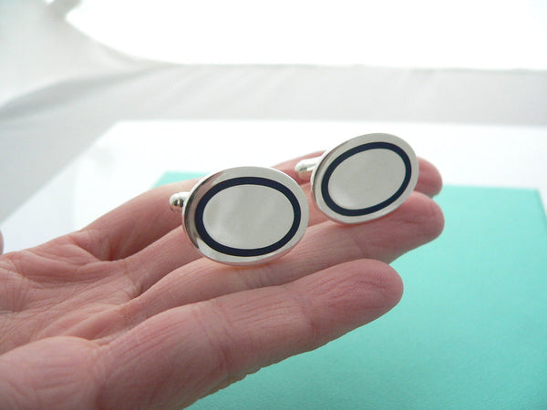 Tiffany & Co Silver Blue Stripe Enamel Circle Cuff Link Cufflink Gift Love Man