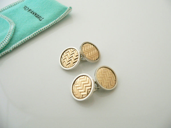 Tiffany & Co Silver Gold Textured Double Circle Round Cuff Links Gift Pouch Love