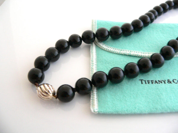 Tiffany & Co Onyx Bead Necklace Pendant Chain Twirl Clasp Silver Love Gift Pouch