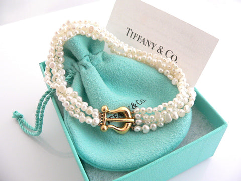 Tiffany & Co 18K Pearl Strand Bracelet Gold Picasso Bangle 8 In Love Gift Pouch