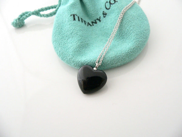 Tiffany & Co Silver Onyx Gemstone Heart Necklace Pendant 18 In Chain Gift Love