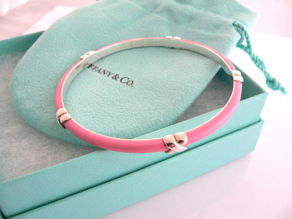 Tiffany & Co Silver Pink Enamel Signature X Bangle Bracelet Mint Gift Pouch Box