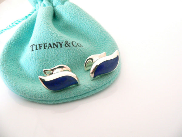 Tiffany & Co Silver Peretti Blue Enamel Feather Wave Cuff Links Cufflinks Gift