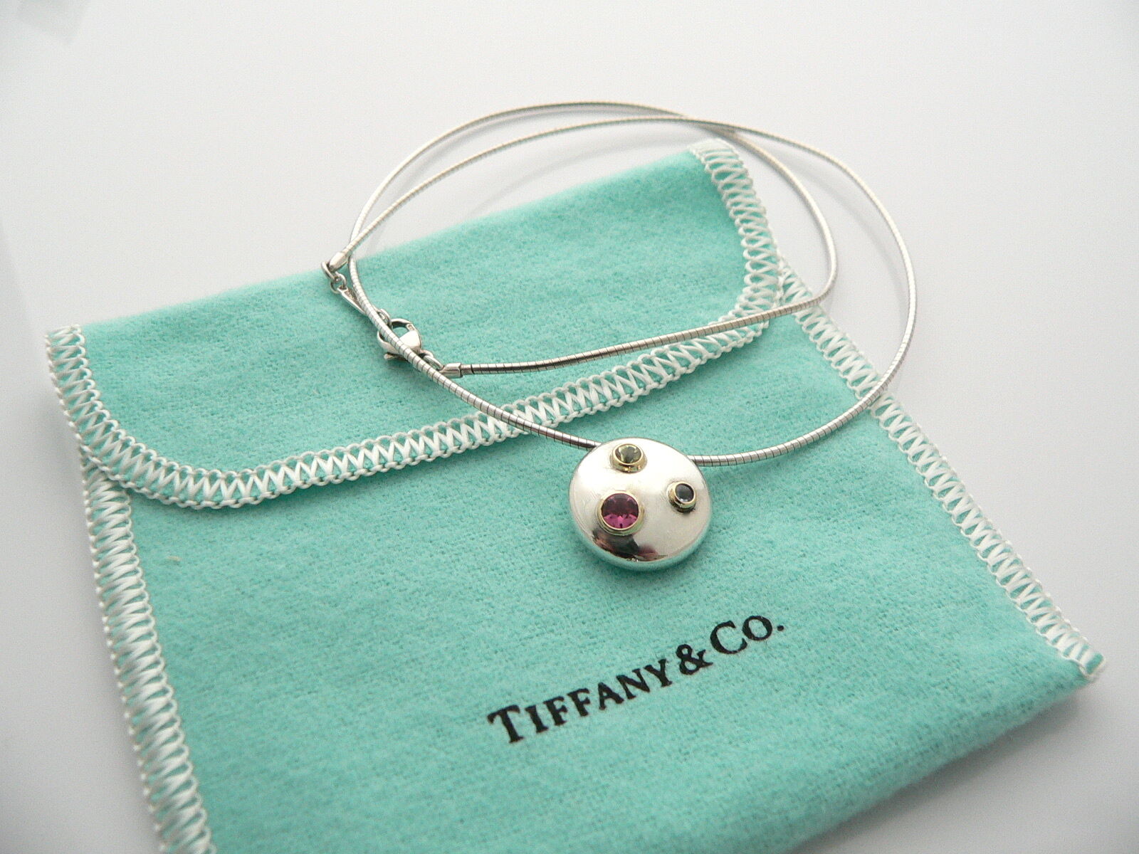 Tiffany Co Silver 18K Gold Etoile Necklace Gemstone Peridot Sapphire Gift Love