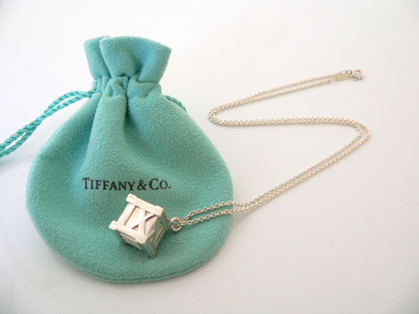 Tiffany & Co Atlas Cube Necklace Large Pendant Charm 18 In Chain Gift Pouch Cool
